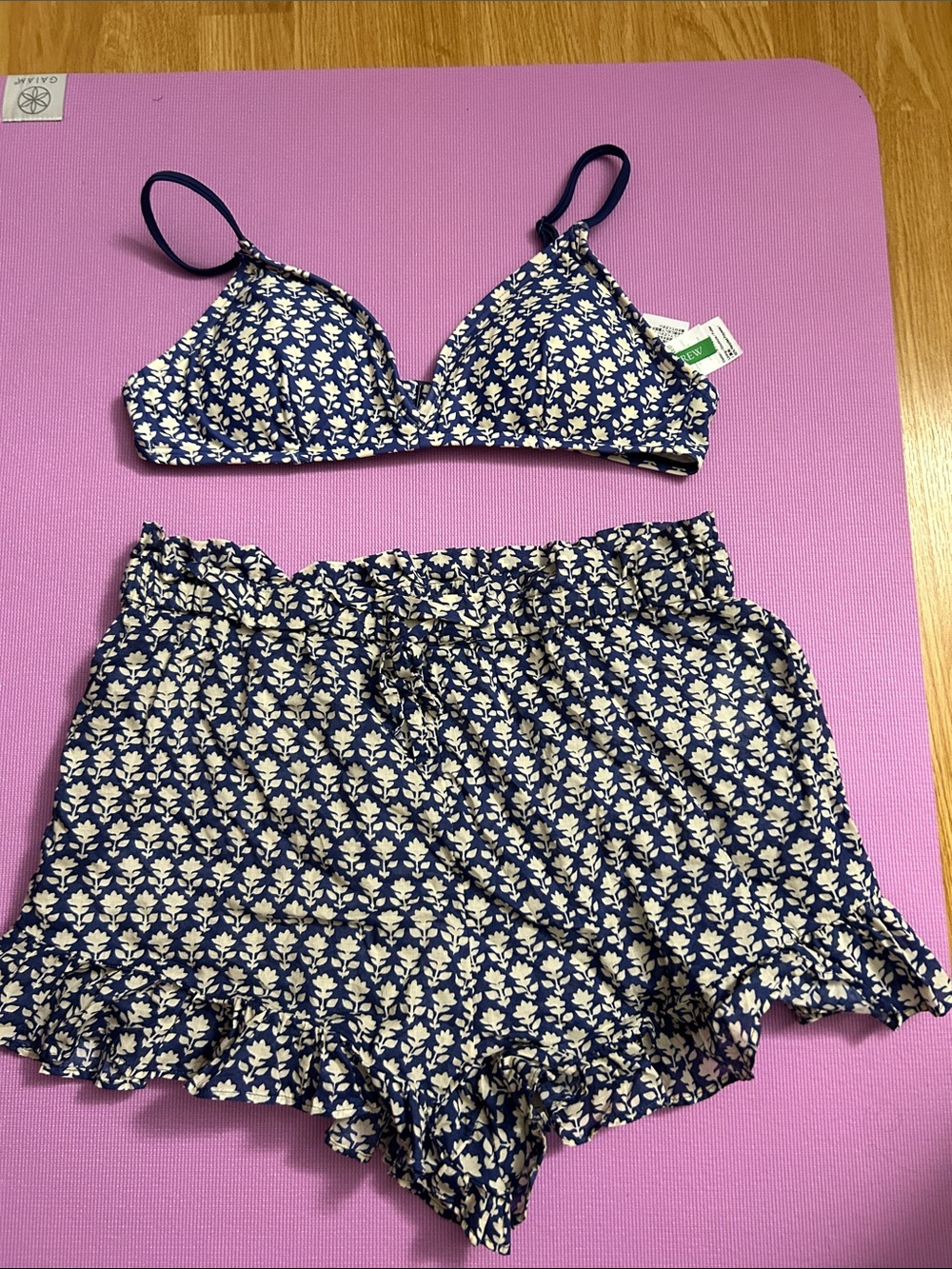 J. Crew Navy and Cream Floral Triangle Bikini Top